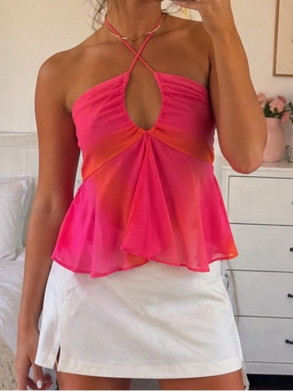 Pink and Orange Tie-Dye Halter Top with Flared Hem - Y2K Vibes